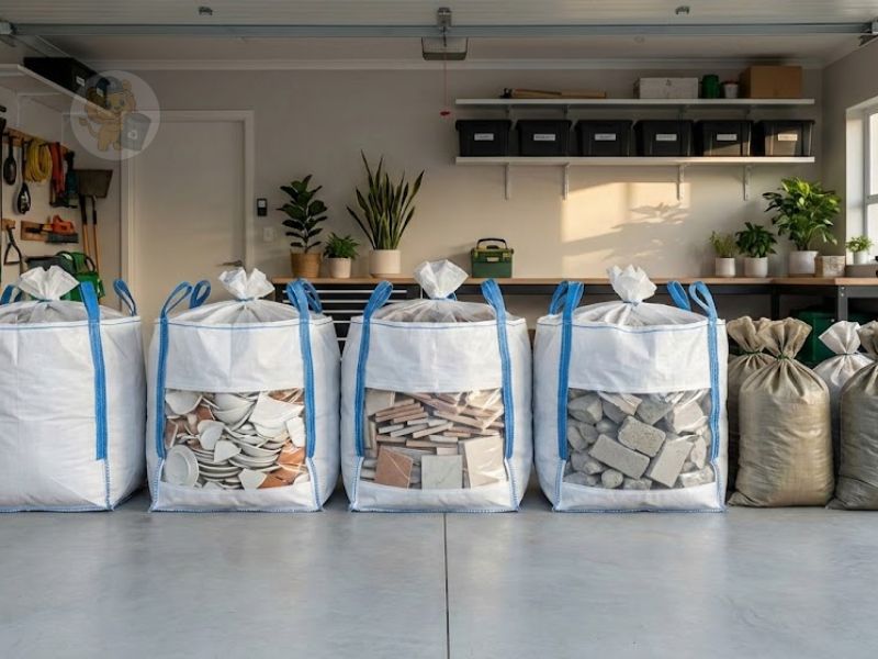Mini entulho ensacado corretamente em bags organizados para descarte adequado