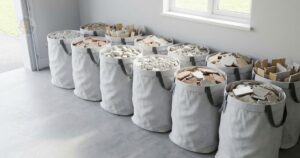 Sacos de mini entulho organizados para calcular o volume antes da coleta