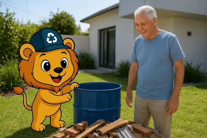 Mascote Leãozinho ajudando um idoso ao lado de um tambor azul, representando o serviço de retirada de mini entulho com atendimento cuidadoso.