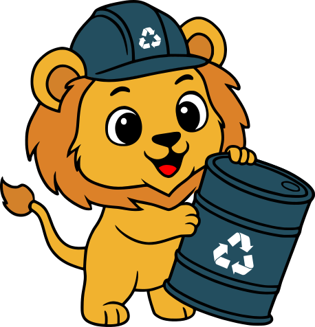 Mascote Leãozinho segurando tambor de resíduos com símbolo de reciclagem, representando o serviço de retirada de mini entulho.