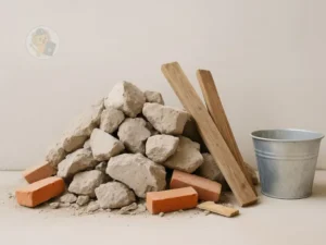 Exemplo de mini entulho com materiais leves e restos de obra, ilustrando situações comuns em reformas.