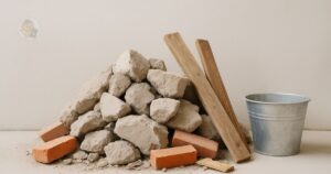 Pilha de mini entulho com restos de concreto, tijolos e balde metálico — exemplo real de resíduos leves de pequenas obras.
