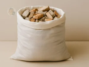 Saco resistente cheio de entulho organizado, ilustrando descarte correto de mini entulho em pequenas obras.