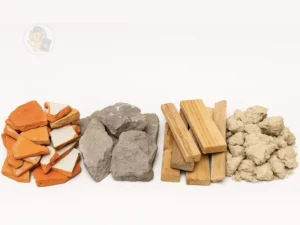 Quatro tipos de mini entulho organizados: cerâmica, concreto, madeira e massa, usados como exemplo visual no guia de descarte.