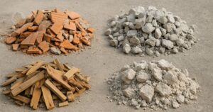 Pilha de diferentes tipos de mini entulho — cerâmica, concreto, madeira e argamassa — organizados para facilitar a identificação antes do descarte.