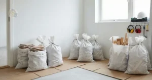 Mini entulho organizado em sacos dentro de um apartamento em reforma