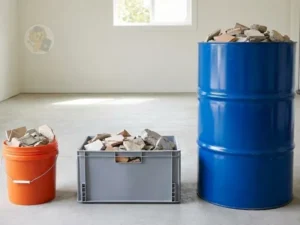 Balde, caixa plástica e tambor usados para calcular o volume de mini entulho