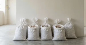 Sacos pequenos de mini entulho organizados em área comum de condomínio residencial