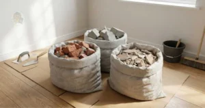 Restos de alvenaria organizados em sacos de entulho após reparo rápido