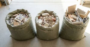 Mini entulho separado por tipo de resíduo em sacos organizados