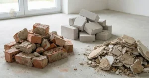 Restos de alvenaria separados corretamente antes do descarte