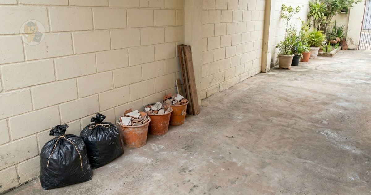 Mini entulho armazenado temporariamente em sacos e baldes em área residencial organizada