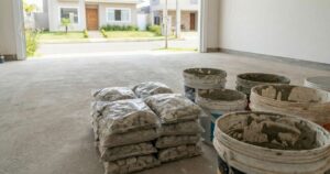 Resíduos de argamassa e rejunte secos organizados para descarte em ambiente residencial