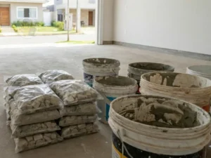 Resíduos de argamassa e rejunte secos organizados para descarte em ambiente residencial