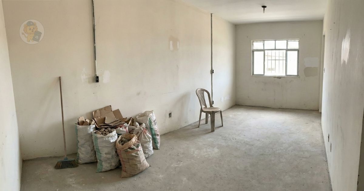 Mini entulho armazenado temporariamente em casa alugada após pequenos reparos