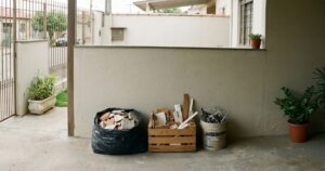 Mini entulho misto separado corretamente em sacos e recipientes antes da coleta