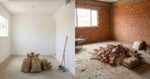 Comparação entre mini reforma com poucos resíduos e reforma completa com maior volume de entulho em ambiente residencial