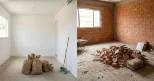 Comparação entre mini reforma com poucos resíduos e reforma completa com maior volume de entulho em ambiente residencial