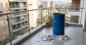 Tambor azul e pequenos restos de mini entulho em varanda de apartamento durante reforma