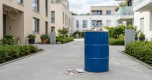 Tambor azul com mini entulho em área comum de condomínio residencial