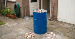 Tambor azul com mini entulho em área externa residencial durante pequena reforma