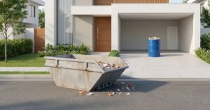 Caçamba de entulho com pouco resíduo na rua e tambor azul de 200 litros em garagem residencial