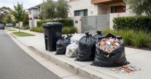 Sacos de lixo com mini entulho misturado ao lixo comum na calçada para coleta