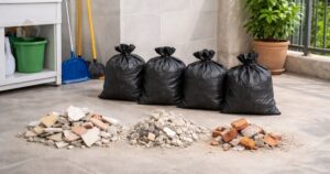 Sacos de mini entulho organizados para remoção direta em área residencial