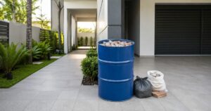 Tambor azul com mini entulho organizado em área residencial moderna de condomínio