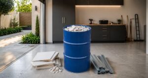 Tambor azul de 200 litros com resíduos de drywall organizados em garagem residencial moderna