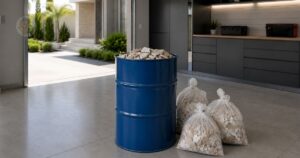 Tambor azul de 200 litros com pouco entulho após reforma residencial em garagem moderna