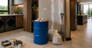 Pequenos reparos residenciais com descarte organizado de mini entulho em tambor azul de 200 litros