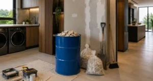 Pequenos reparos residenciais com descarte organizado de mini entulho em tambor azul de 200 litros