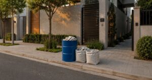 Tambor azul e sacos de entulho organizados na calçada aguardando coleta em área residencial moderna