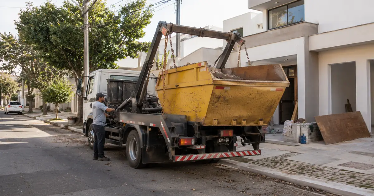Caminhão realizando manobra de posicionamento de caçamba de entulho em frente a residência em reforma em Campinas