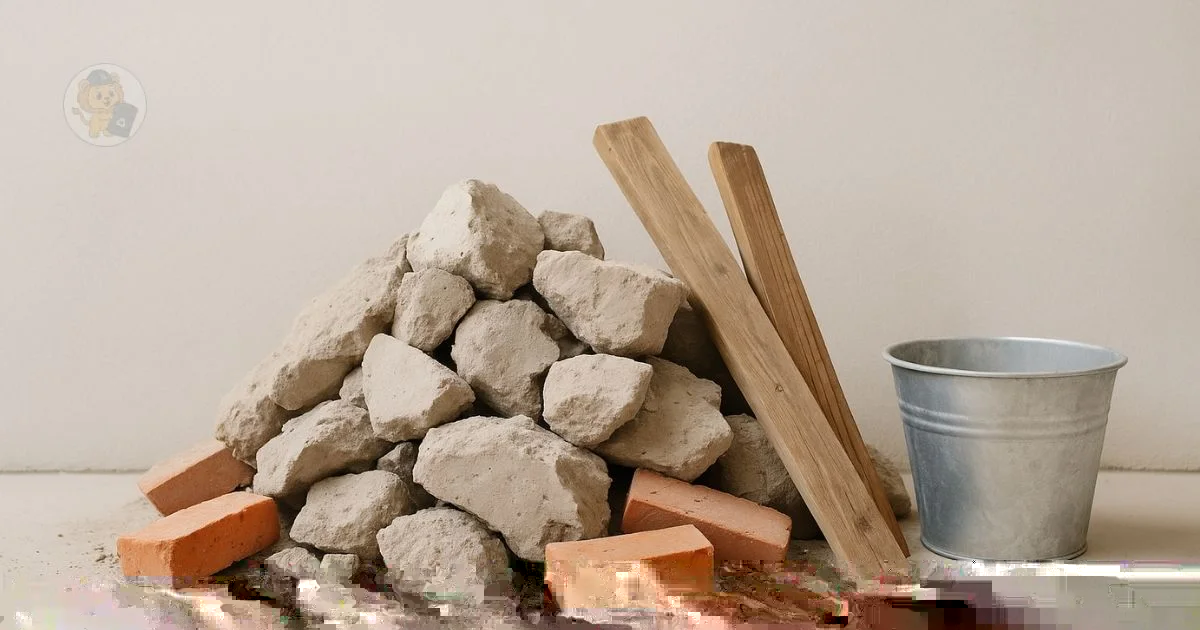 Pilha de restos de obra com tijolos, entulho e madeira em reforma residencial