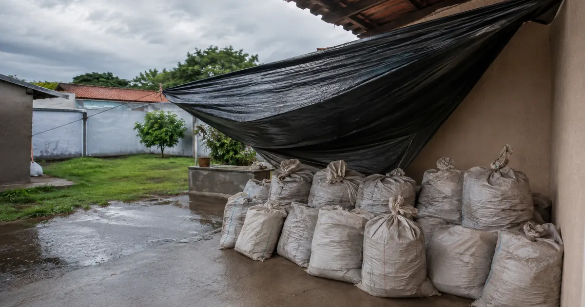 Sacos de mini entulho protegidos da chuva sob cobertura em área externa residencial