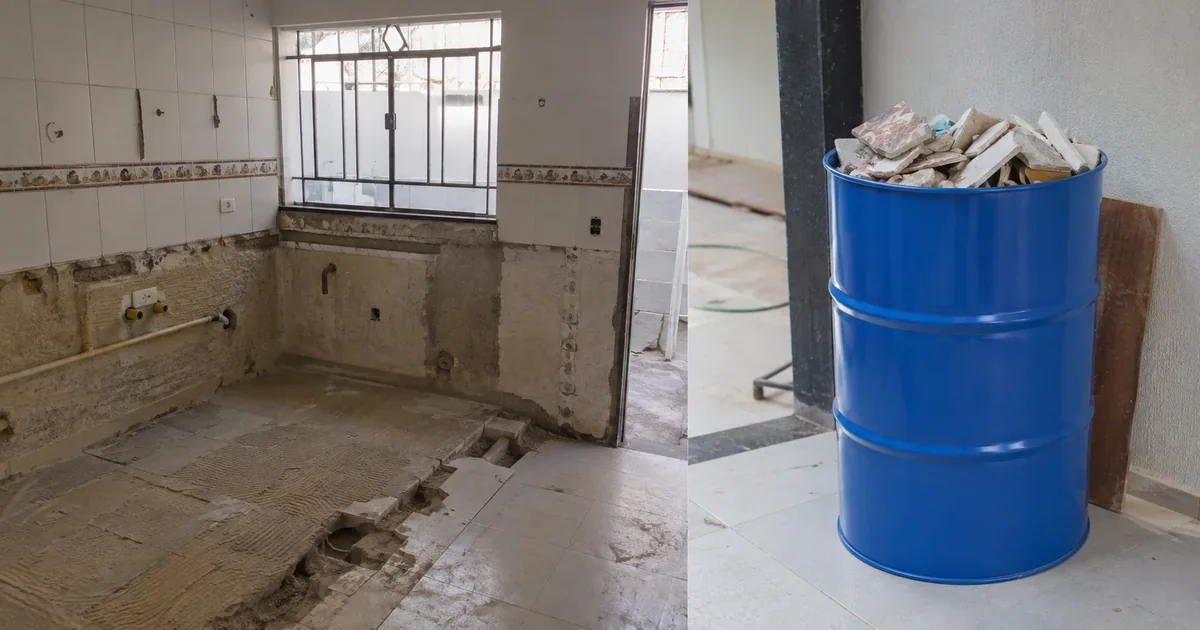 Cozinha em reforma com tambor metálico azul de 200 litros ao lado, recebendo resíduos aos poucos