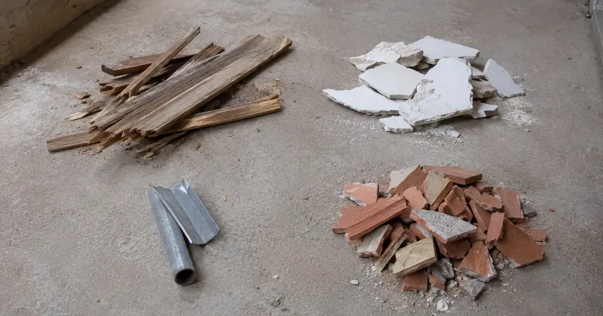 Diferentes tipos de resíduos de reforma separados: madeira, metal, gesso e entulho mineral